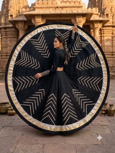 Majestic Black Pure Rayon Cotton Lehenga with 9 Meter Flair and Heavy Lampi Border Navratri Lehnega Choli