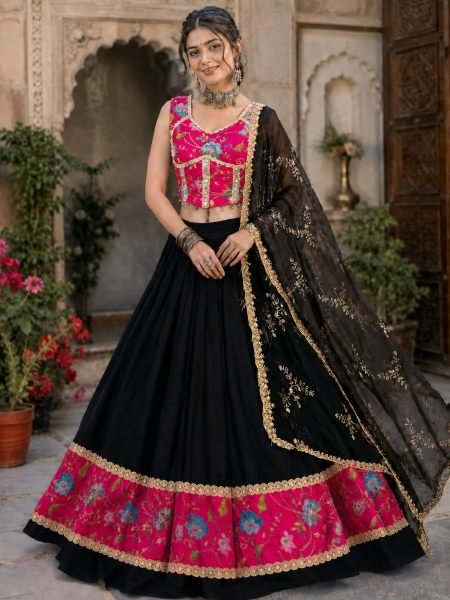 Majestic Black Rayon Cotton Lehenga with Position Print and Fox Georgette Dupatta Shop by Occasion