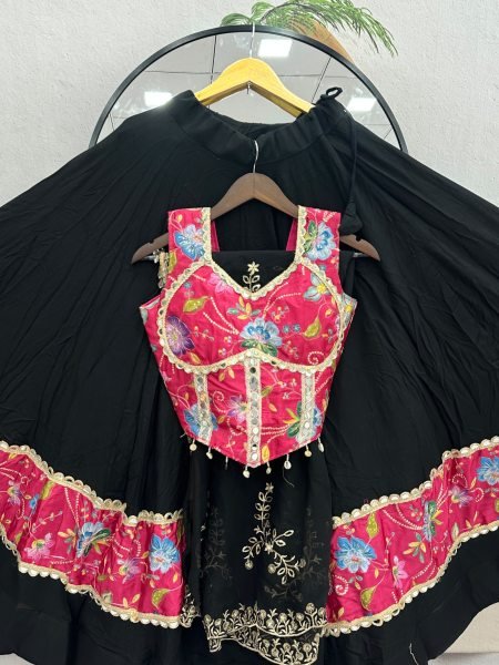 Majestic Black Rayon Cotton Lehenga with Position Print and Fox Georgette Dupatta Navratri Lehnega Choli