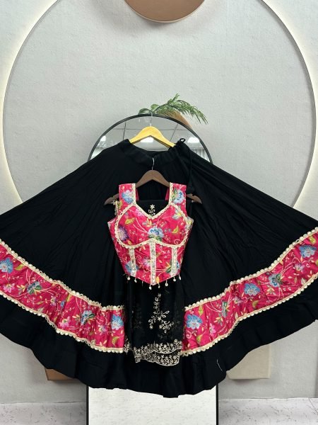 Majestic Black Rayon Cotton Lehenga with Position Print and Fox Georgette Dupatta Navratri Lehnega Choli