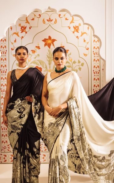 Majestic Black Satin Saree a Gold Floral Print And a Solid Border Printed Cotton Sarees Wholesale