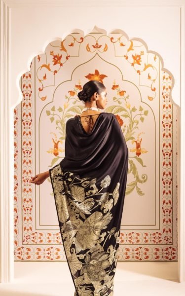 Majestic Black Satin Saree a Gold Floral Print And a Solid Border Printed Cotton Sarees Wholesale