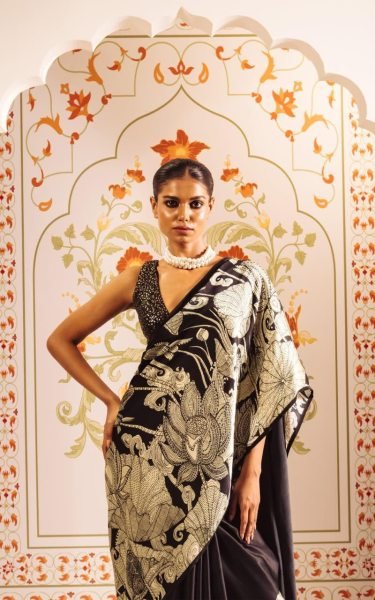 Majestic Black Satin Saree a Gold Floral Print And a Solid Border Printed Cotton Sarees Wholesale
