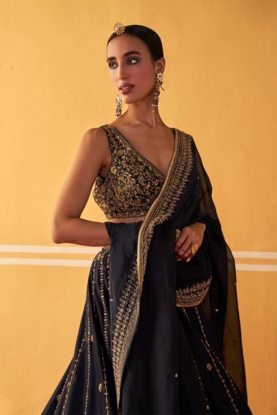 Majestic Black Stylish Black Gold Lehenga with Designer Dupatta Bollywood Lehenga Choli