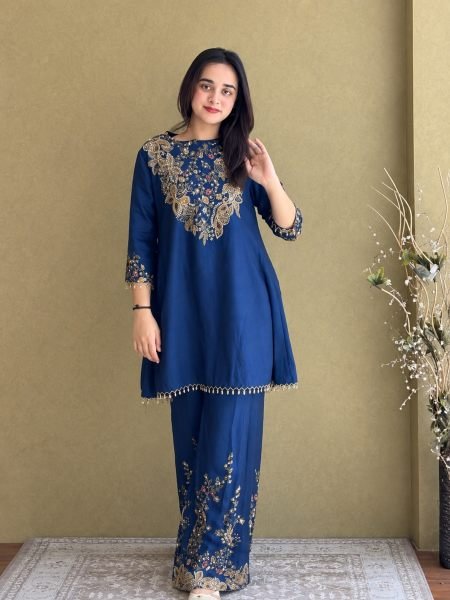 Majestic Blue Designer Malai Crepe Kurti Palazzo Set with Semi Beads Embroidery for Festival 