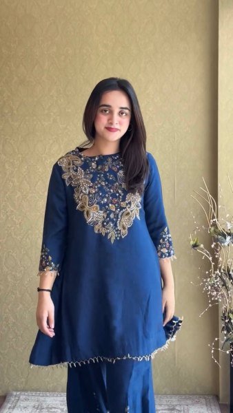 Majestic Blue Designer Malai Crepe Kurti Palazzo Set with Semi Beads Embroidery for Festival Ready To Wear Collection