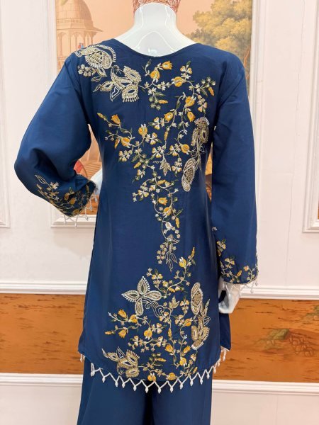 Majestic Blue Designer Malai Crepe Kurti Palazzo Set with Semi Beads Embroidery for Festival Ready To Wear Collection