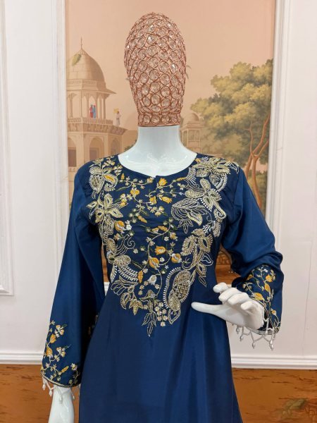 Majestic Blue Designer Malai Crepe Kurti Palazzo Set with Semi Beads Embroidery for Festival Ready To Wear Collection