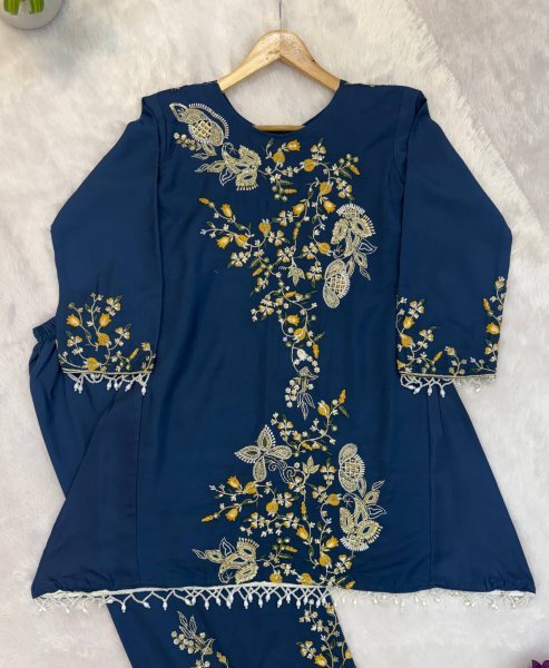 Majestic Blue Designer Malai Crepe Kurti Palazzo Set with Semi Beads Embroidery for Festival Ready To Wear Collection