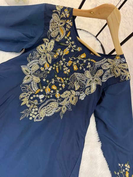 Majestic Blue Designer Malai Crepe Kurti Palazzo Set with Semi Beads Embroidery for Festival Ready To Wear Collection