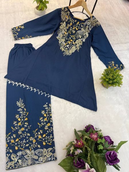 Majestic Blue Designer Malai Crepe Kurti Palazzo Set with Semi Beads Embroidery for Festival Ready To Wear Collection
