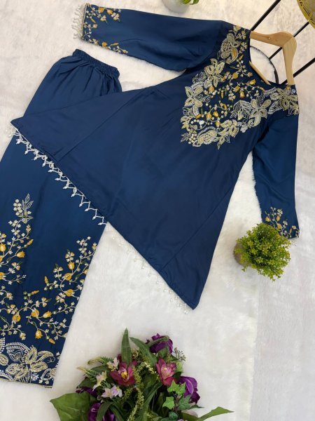 Majestic Blue Designer Malai Crepe Kurti Palazzo Set with Semi Beads Embroidery for Festival Ready To Wear Collection