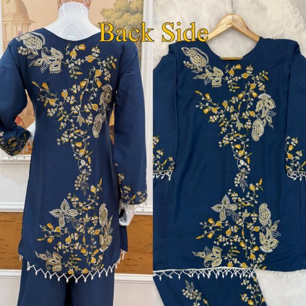 Majestic Blue Designer Malai Crepe Kurti Palazzo Set with Semi Beads Embroidery for Festival Ready To Wear Collection