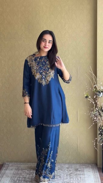 Majestic Blue Designer Malai Crepe Kurti Palazzo Set with Semi Beads Embroidery for Festival Ready To Wear Collection