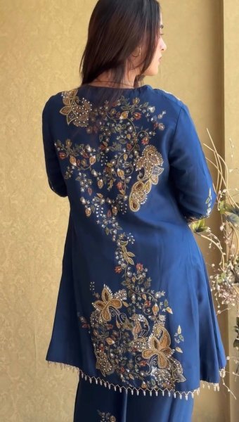 Majestic Blue Designer Malai Crepe Kurti Palazzo Set with Semi Beads Embroidery for Festival Ready To Wear Collection