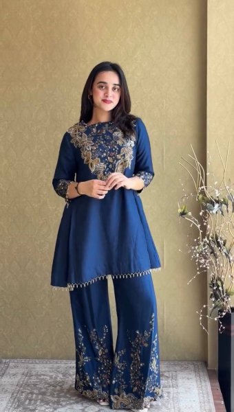 Majestic Blue Designer Malai Crepe Kurti Palazzo Set with Semi Beads Embroidery for Festival Ready To Wear Collection