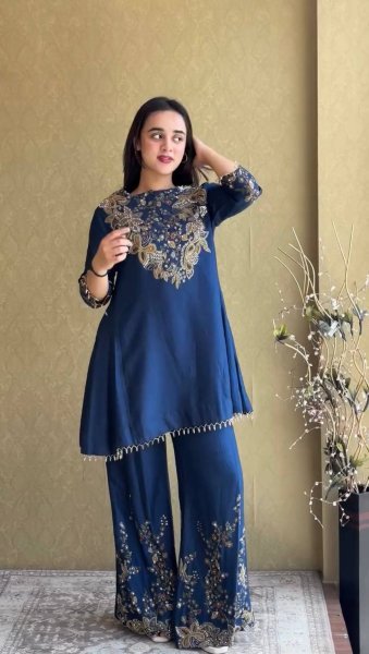 Majestic Blue Designer Malai Crepe Kurti Palazzo Set with Semi Beads Embroidery for Festival Ready To Wear Collection
