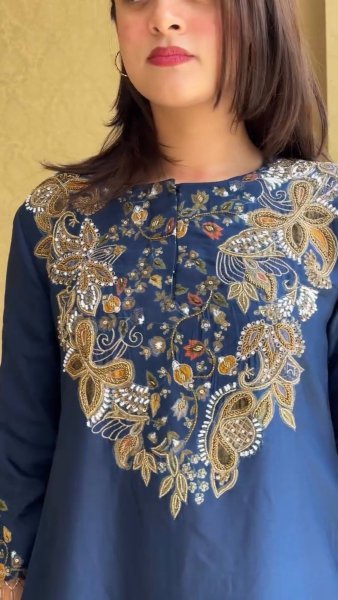 Majestic Blue Designer Malai Crepe Kurti Palazzo Set with Semi Beads Embroidery for Festival Ready To Wear Collection