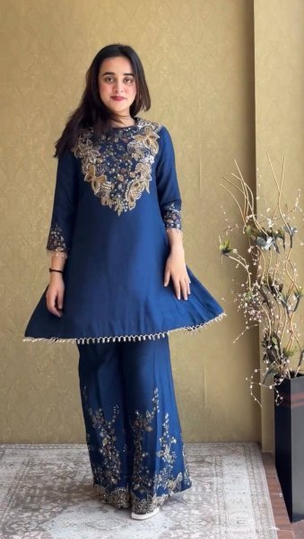 Majestic Blue Designer Malai Crepe Kurti Palazzo Set with Semi Beads Embroidery for Festival Ready To Wear Collection