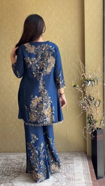 Majestic Blue Designer Malai Crepe Kurti Palazzo Set with Semi Beads Embroidery for Festival Ready To Wear Collection