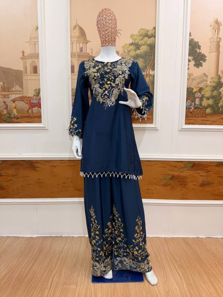 Majestic Blue Designer Malai Crepe Kurti Palazzo Set with Semi Beads Embroidery for Festival Ready To Wear Collection