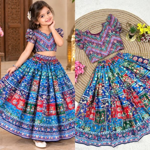 Majestic Blue Fully Stitched Navratri Chinon Silk Lehenga Set with Mirror Work Girls Wear