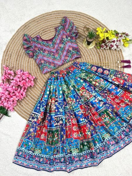 Majestic Blue Fully Stitched Navratri Chinon Silk Lehenga Set with Mirror Work Girls Wear