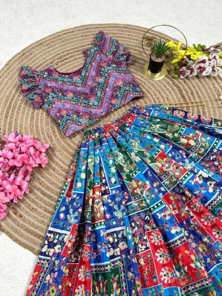 Majestic Blue Fully Stitched Navratri Chinon Silk Lehenga Set with Mirror Work Girls Wear