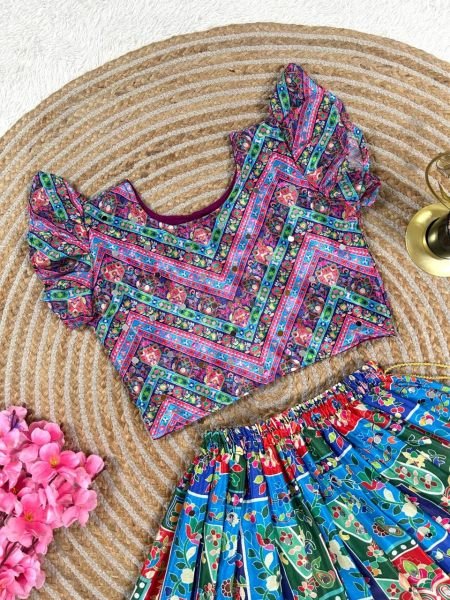 Majestic Blue Fully Stitched Navratri Chinon Silk Lehenga Set with Mirror Work Girls Wear