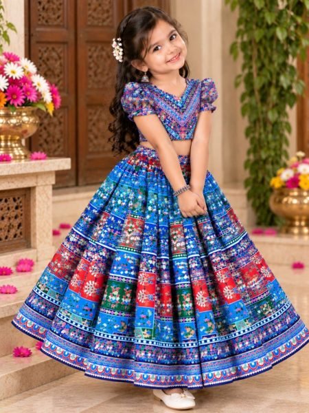 Majestic Blue Fully Stitched Navratri Chinon Silk Lehenga Set with Mirror Work Girls Wear