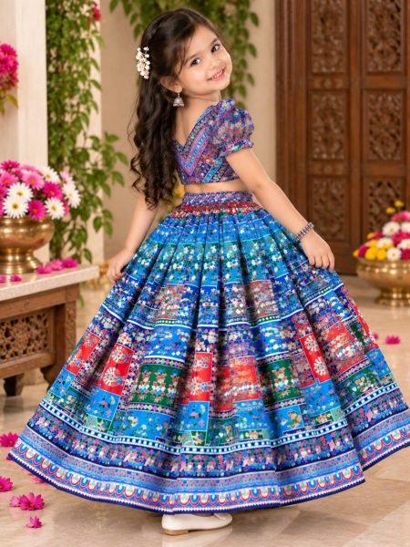 Majestic Blue Fully Stitched Navratri Chinon Silk Lehenga Set with Mirror Work Girls Wear