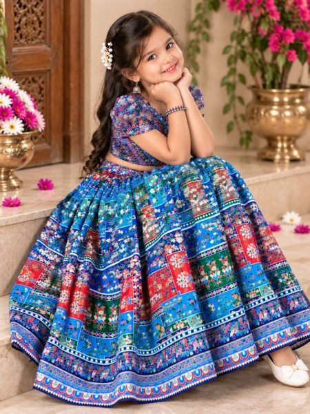 Majestic Blue Fully Stitched Navratri Chinon Silk Lehenga Set with Mirror Work Girls Wear