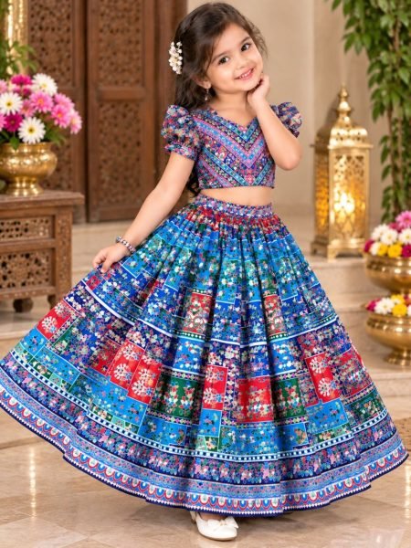 Majestic Blue Fully Stitched Navratri Chinon Silk Lehenga Set with Mirror Work Girls Wear