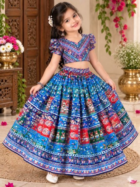 Majestic Blue Fully Stitched Navratri Chinon Silk Lehenga Set with Mirror Work Girls Wear