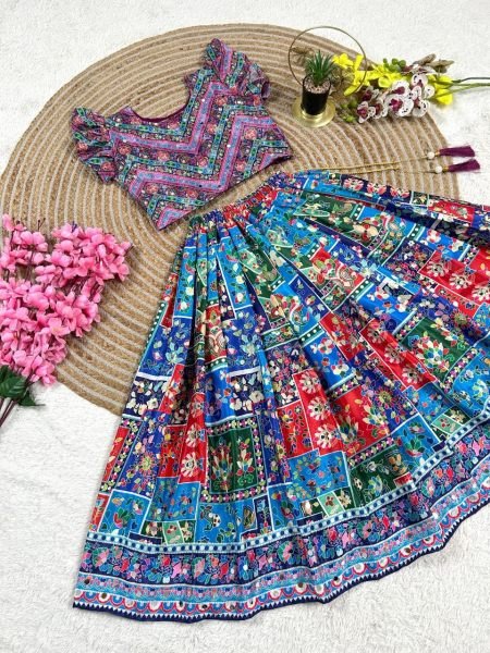 Majestic Blue Fully Stitched Navratri Chinon Silk Lehenga Set with Mirror Work Girls Wear