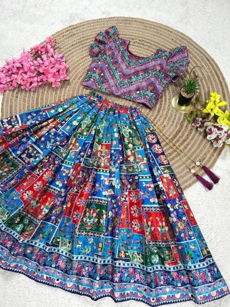 Majestic Blue Fully Stitched Navratri Chinon Silk Lehenga Set with Mirror Work Girls Wear