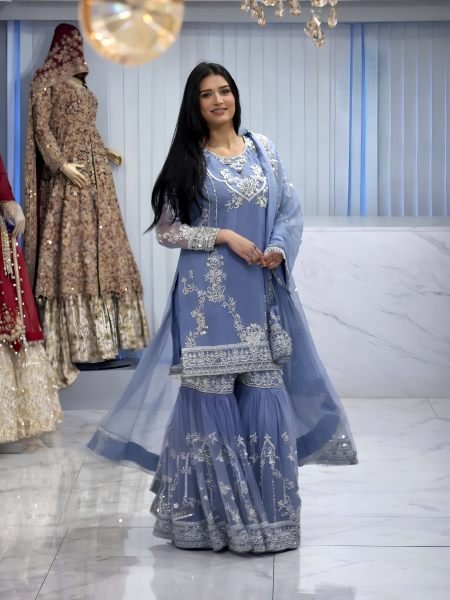 Majestic Blue German Chinon Kurti with Heavy Embroidered Sharara and Dupatta 