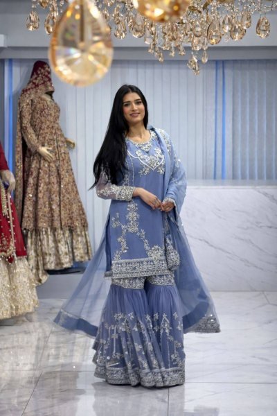 Majestic Blue German Chinon Kurti with Heavy Embroidered Sharara and Dupatta Ready To Wear Collection