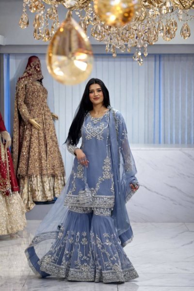 Majestic Blue German Chinon Kurti with Heavy Embroidered Sharara and Dupatta Ready To Wear Collection