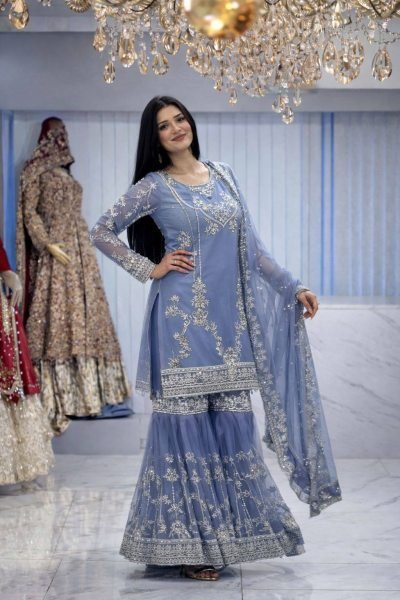 Majestic Blue German Chinon Kurti with Heavy Embroidered Sharara and Dupatta Ready To Wear Collection
