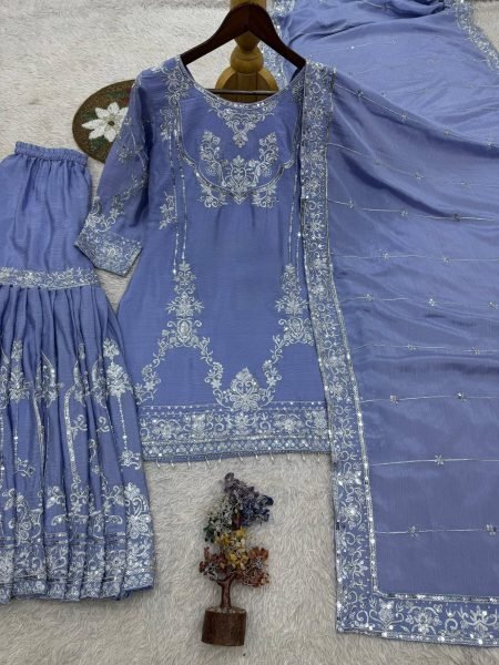 Majestic Blue German Chinon Kurti with Heavy Embroidered Sharara and Dupatta Ready To Wear Collection
