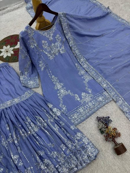 Majestic Blue German Chinon Kurti with Heavy Embroidered Sharara and Dupatta Ready To Wear Collection