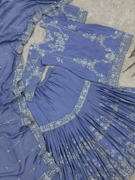 Majestic Blue German Chinon Kurti with Heavy Embroidered Sharara and Dupatta Ready To Wear Collection