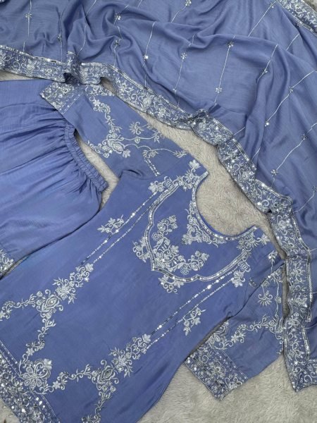 Majestic Blue German Chinon Kurti with Heavy Embroidered Sharara and Dupatta Ready To Wear Collection