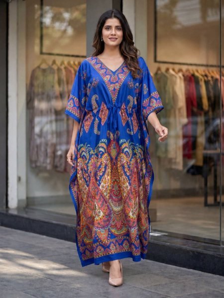Majestic Blue Heavy French Crepe Kaftan Dress for Casual and Resort Wear Kaftan 
