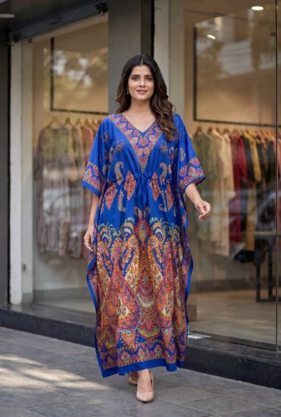 Majestic Blue Heavy French Crepe Kaftan Dress for Casual and Resort Wear Kaftan 