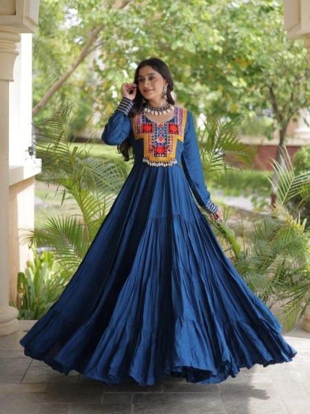Majestic Blue Kutchi Gamthi Reyon Gown with 4 Layer Frill Stitching for Navratri 