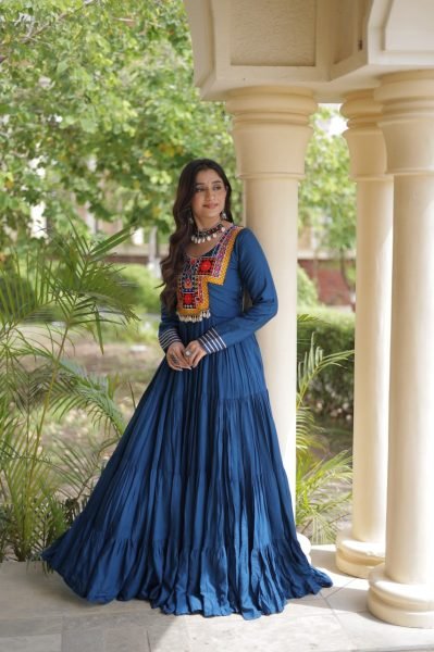 Majestic Blue Kutchi Gamthi Reyon Gown with 4 Layer Frill Stitching for Navratri Anarkali Kurtis 