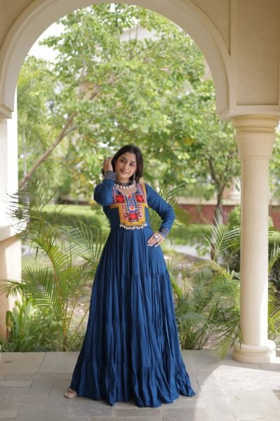 Majestic Blue Kutchi Gamthi Reyon Gown with 4 Layer Frill Stitching for Navratri Anarkali Kurtis 