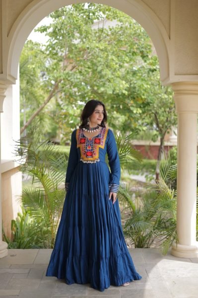 Majestic Blue Kutchi Gamthi Reyon Gown with 4 Layer Frill Stitching for Navratri Anarkali Kurtis 